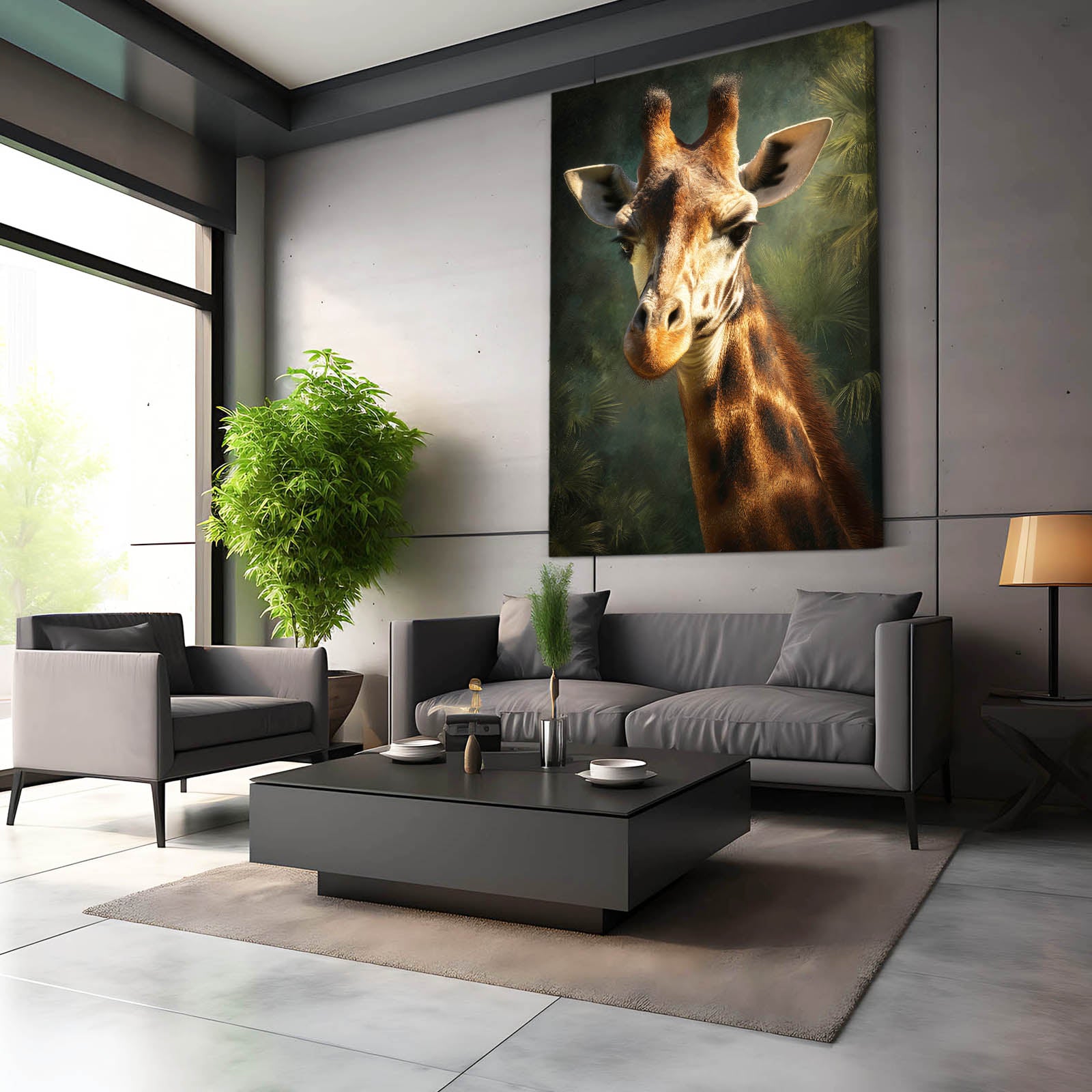 Modern living room with a large giraffe painting on the wall