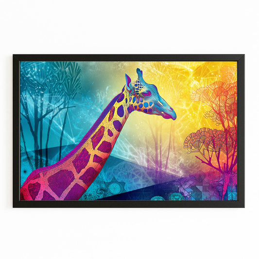 Colorful abstract giraffe painting with a stylized forest background