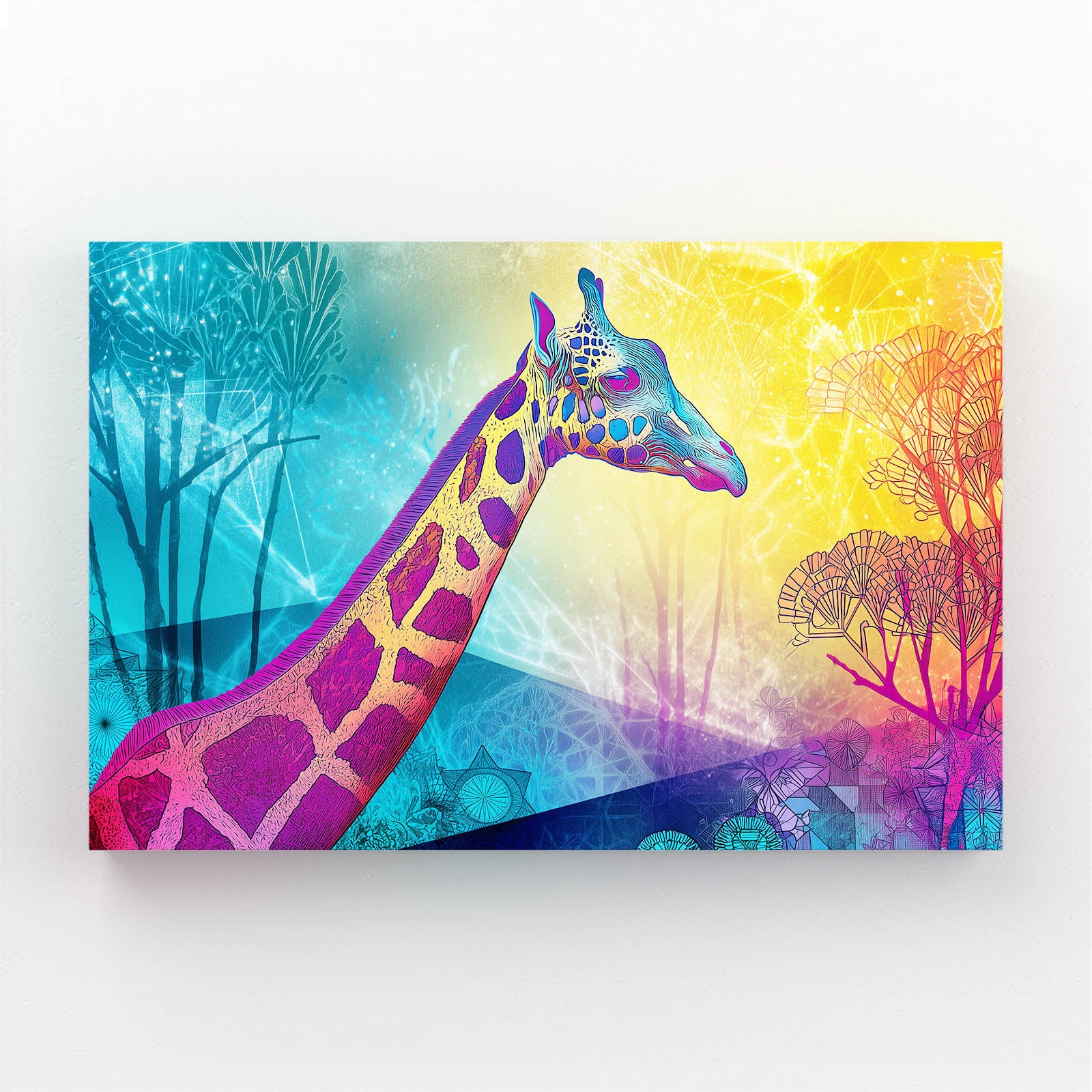 Colorful abstract giraffe painting with a vibrant background