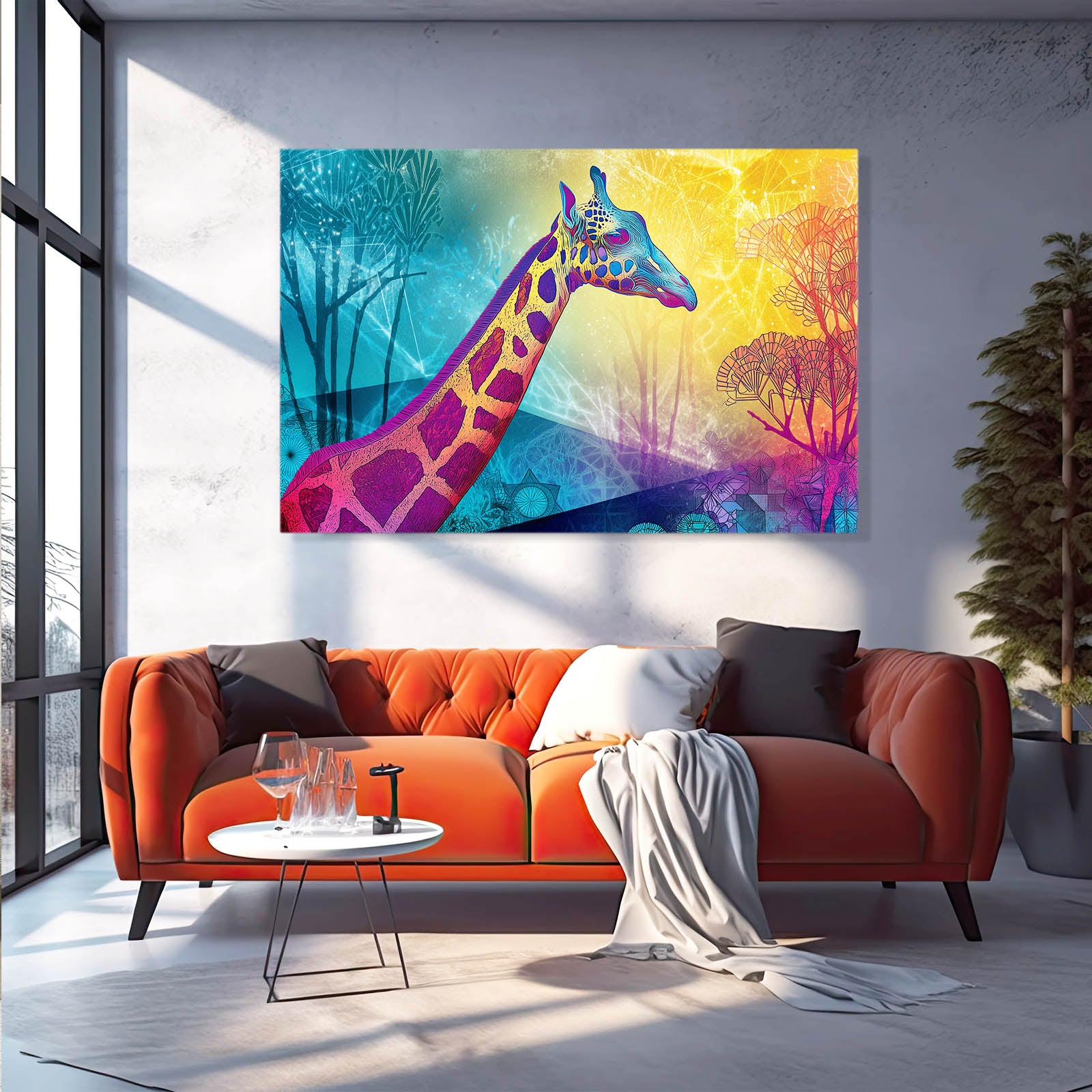 Colorful giraffe painting on a wall above an orange sofa in a modern living room.