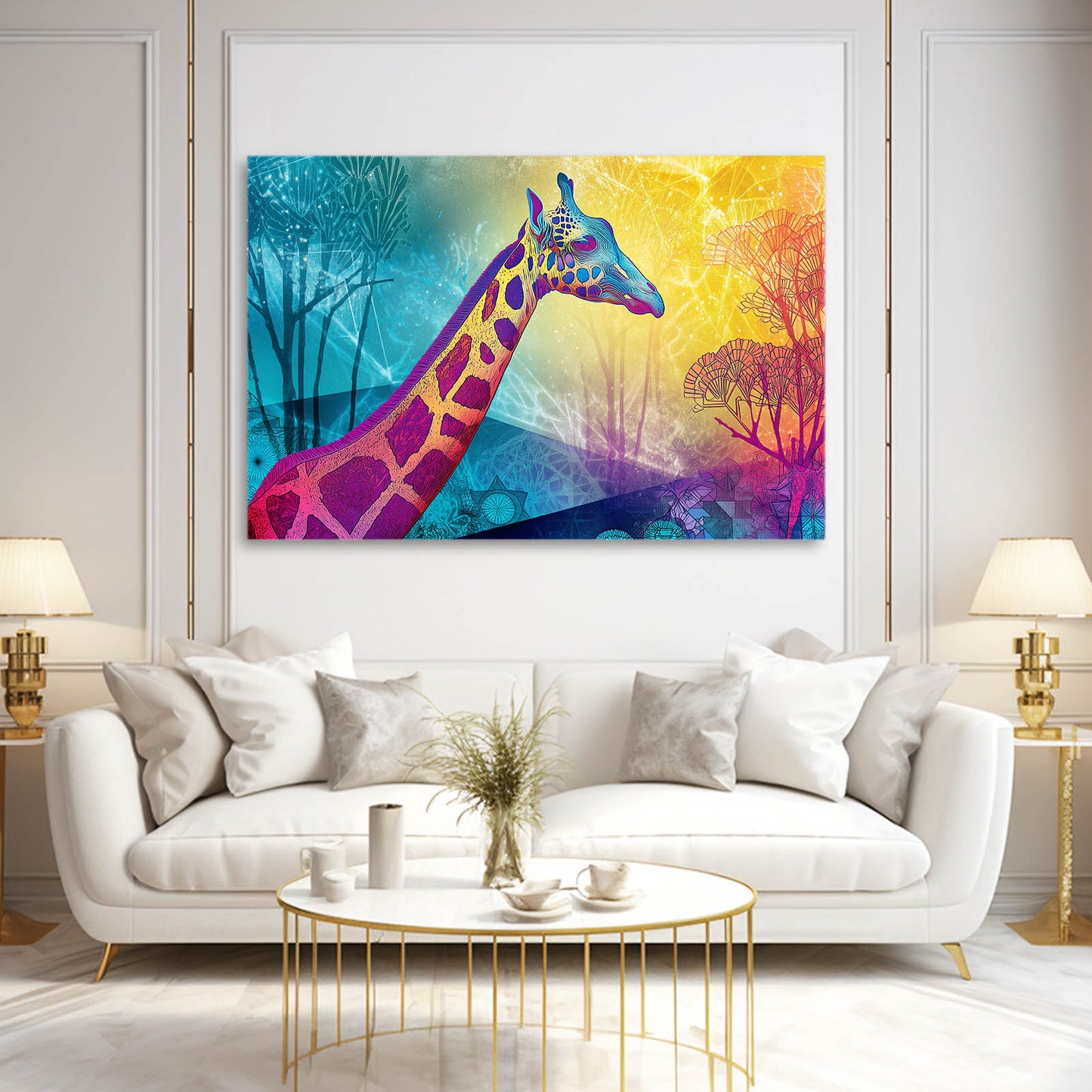 Colorful giraffe artwork on a wall above a white sofa in a living room.