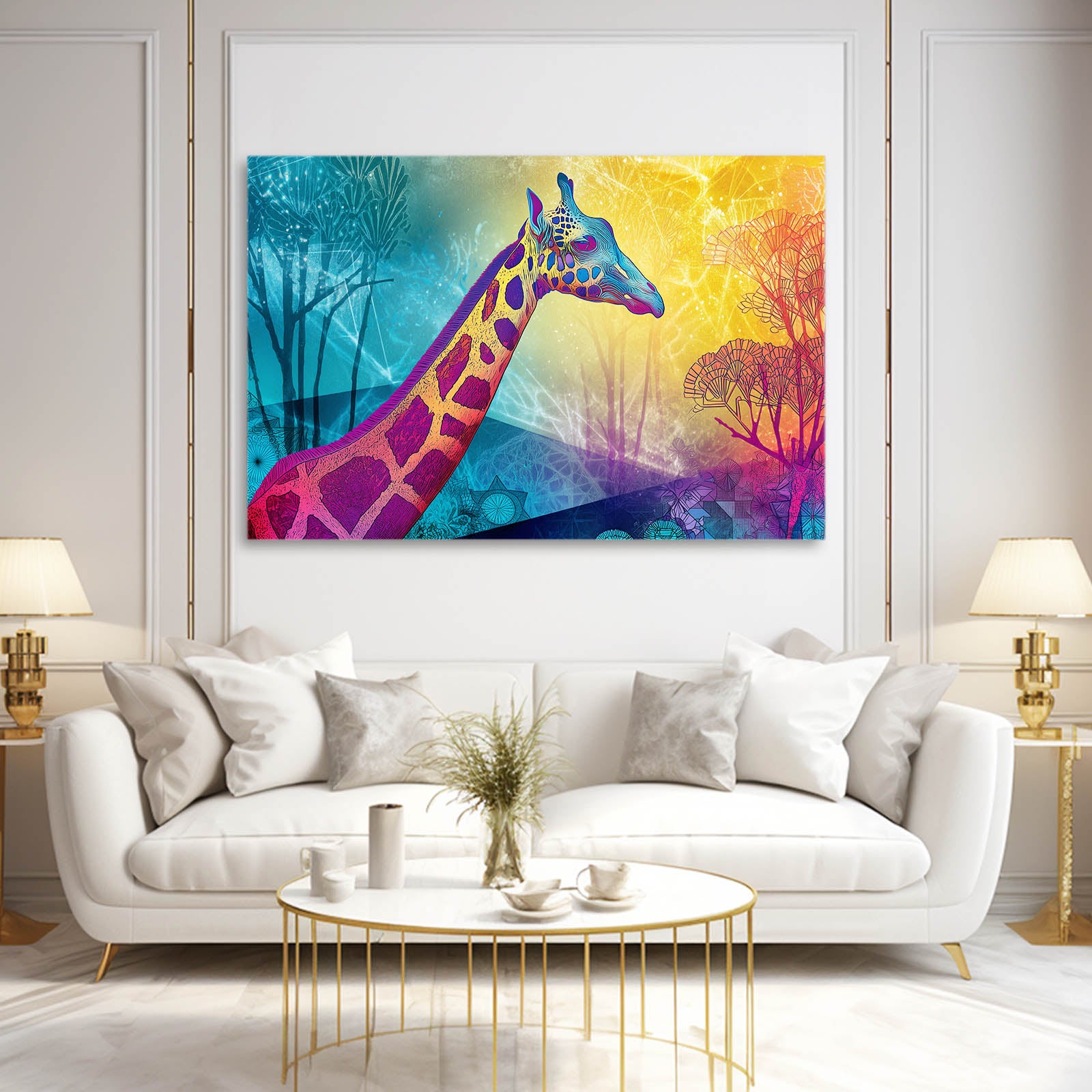 Colorful giraffe artwork on a wall above a white sofa in a living room.
