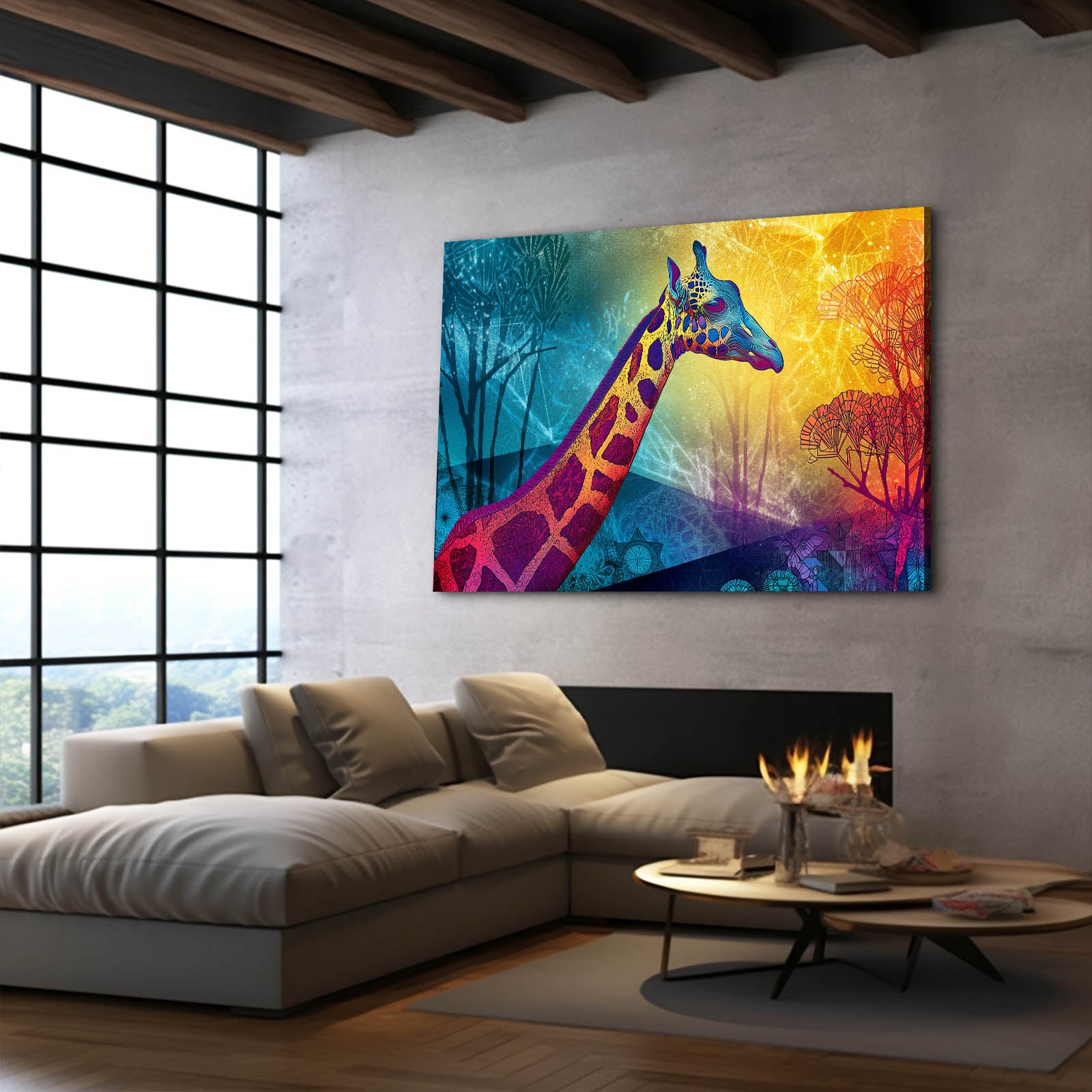 Colorful abstract painting of a giraffe on a wall in a modern living room.