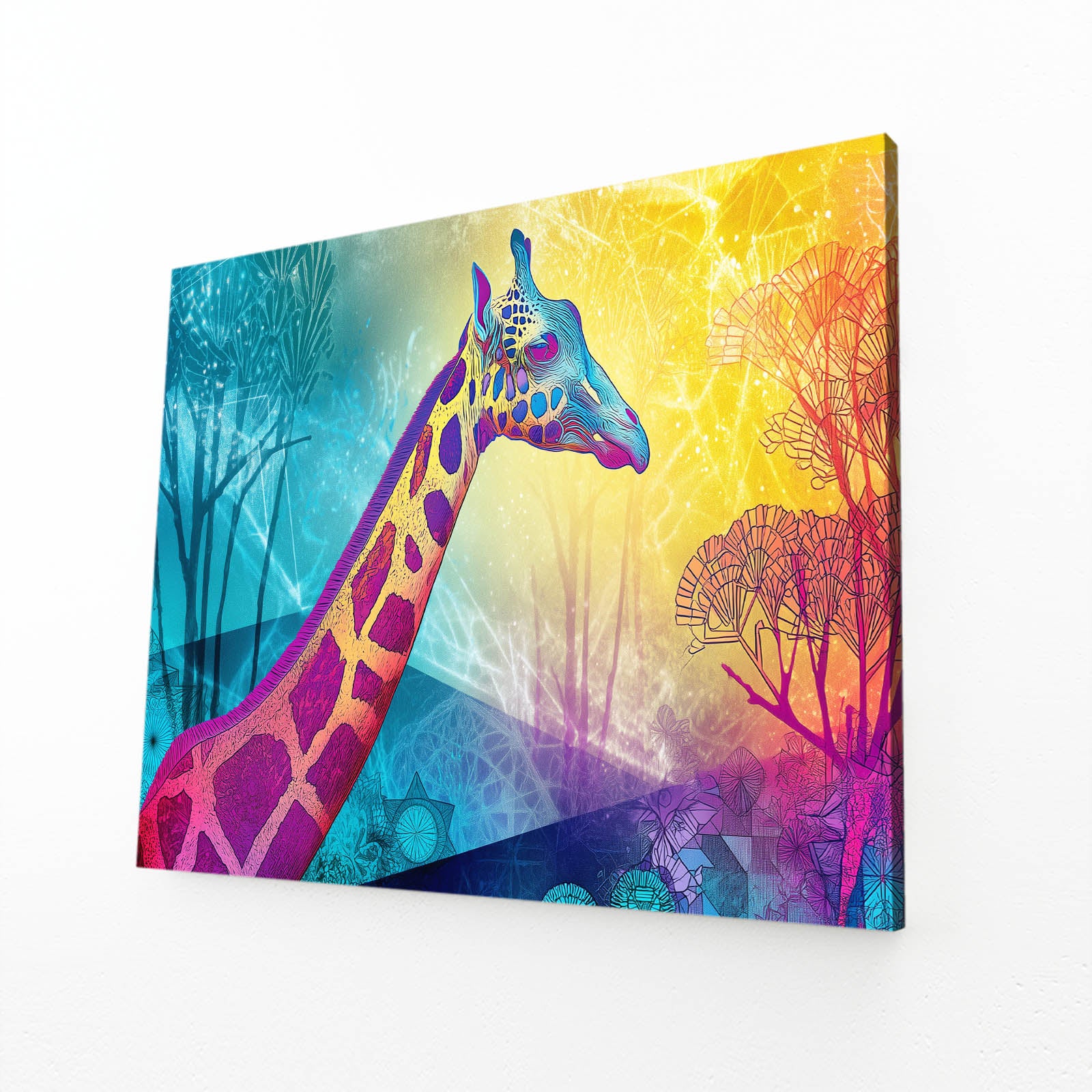 Colorful abstract painting of a giraffe with a vibrant background