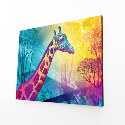 Colorful abstract painting of a giraffe with a vibrant background