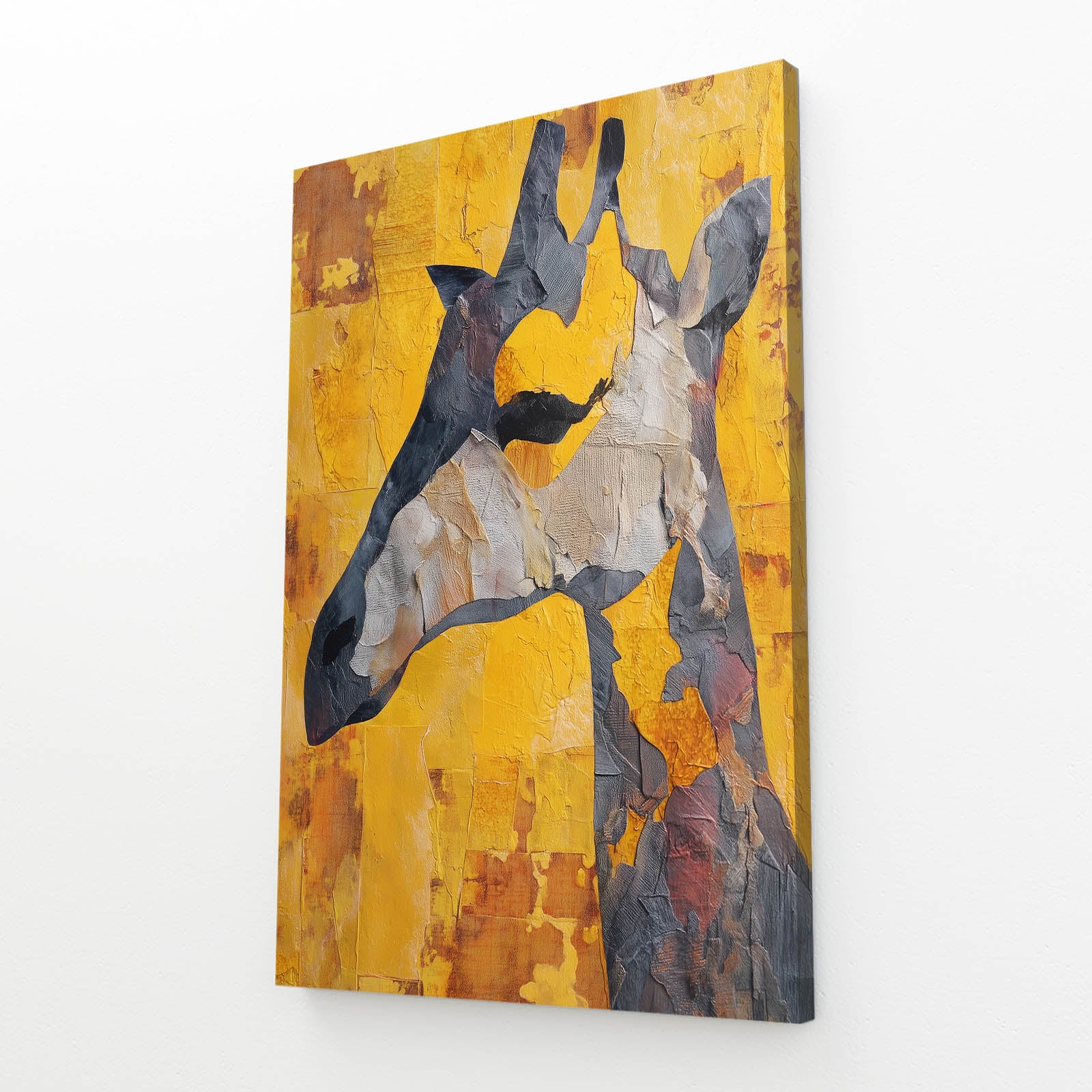 Abstract art piece with a yellow background and black and gray shapes