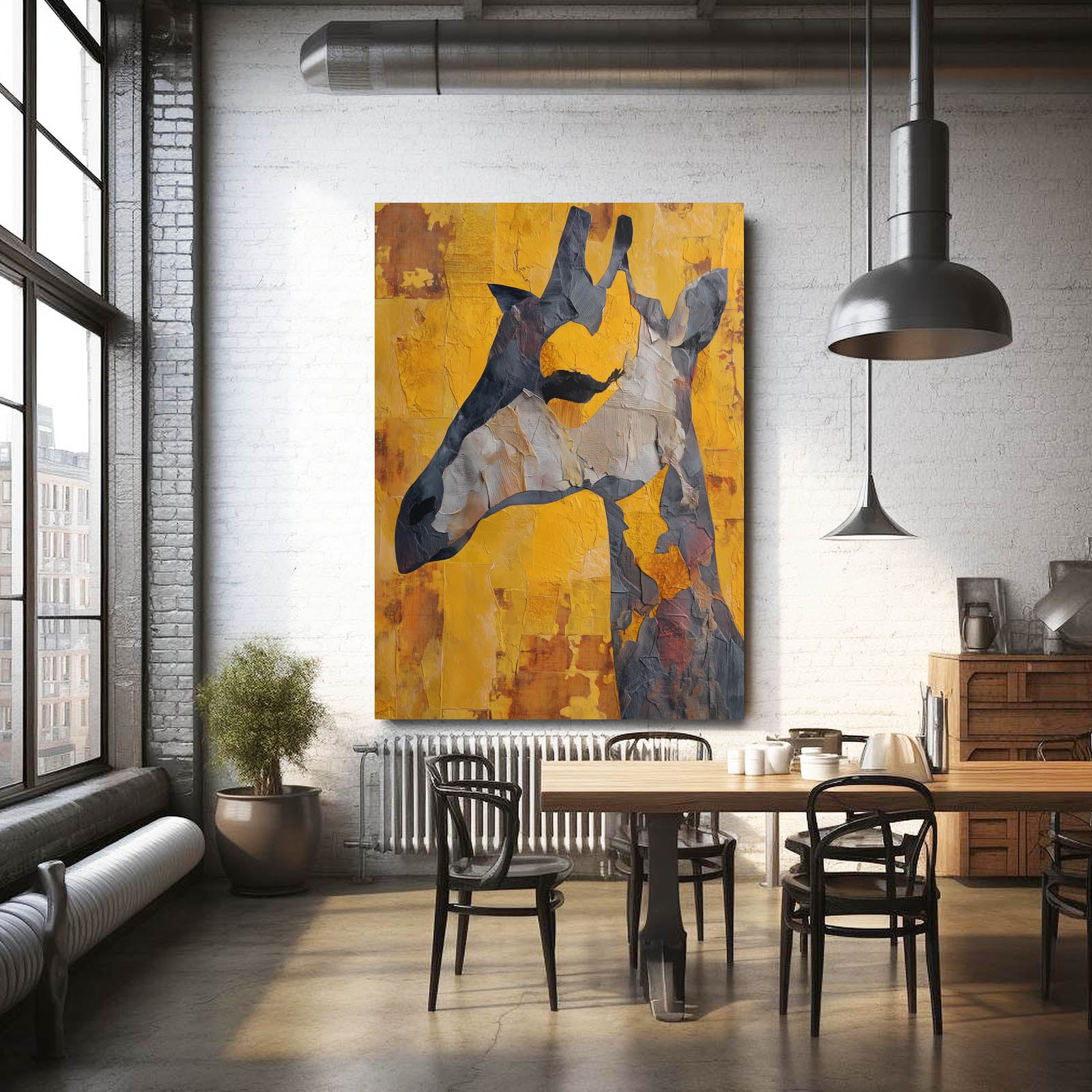 Dining room with a large abstract painting on the wall, wooden table, and chairs.