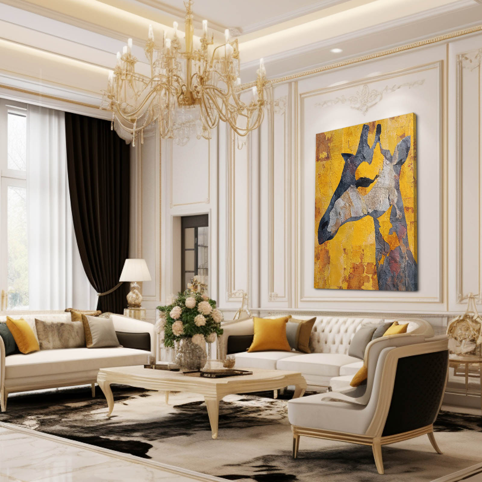 Luxurious living room with elegant furniture, chandelier, and wall art.