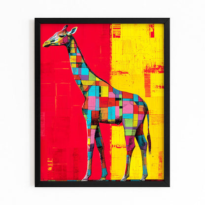 Colorful abstract giraffe art print on a red and yellow background