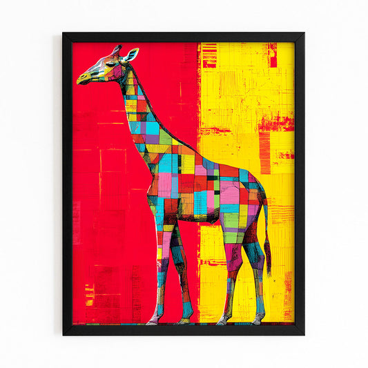 Colorful abstract giraffe art print on a red and yellow background