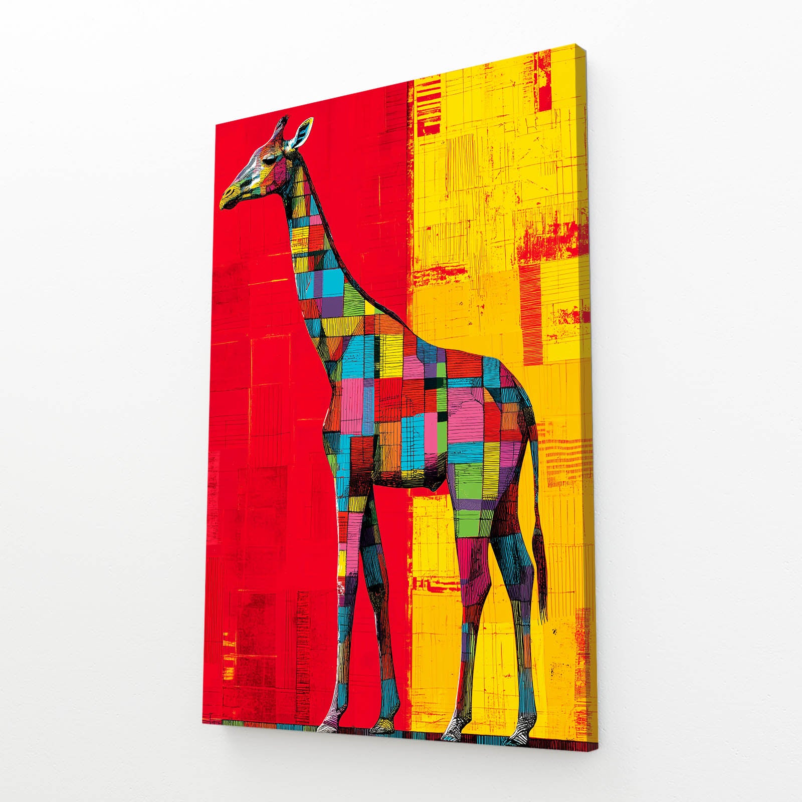 Colorful abstract painting of a giraffe on a red and yellow background