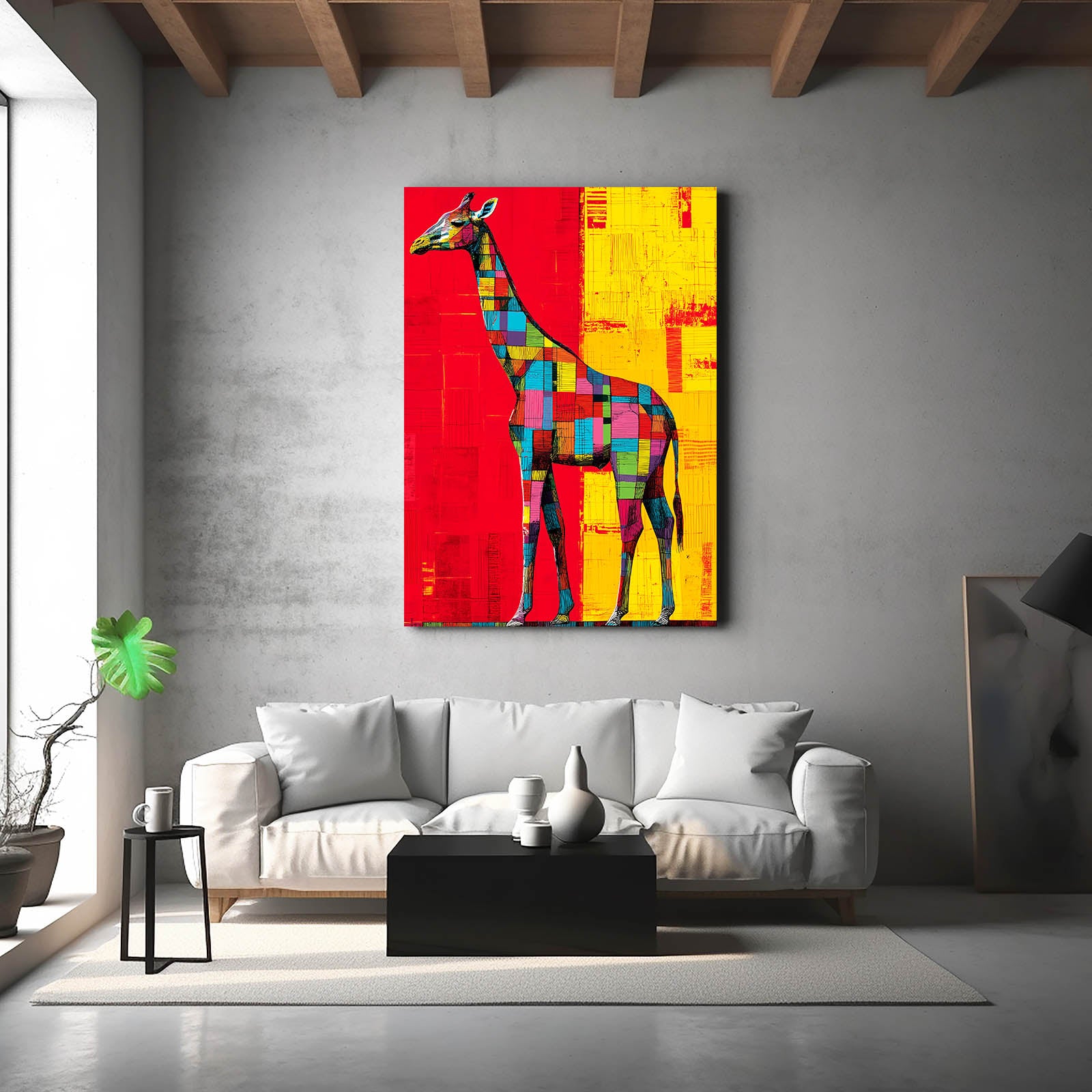 Colorful abstract giraffe painting on a gray wall above a white sofa in a modern living room.