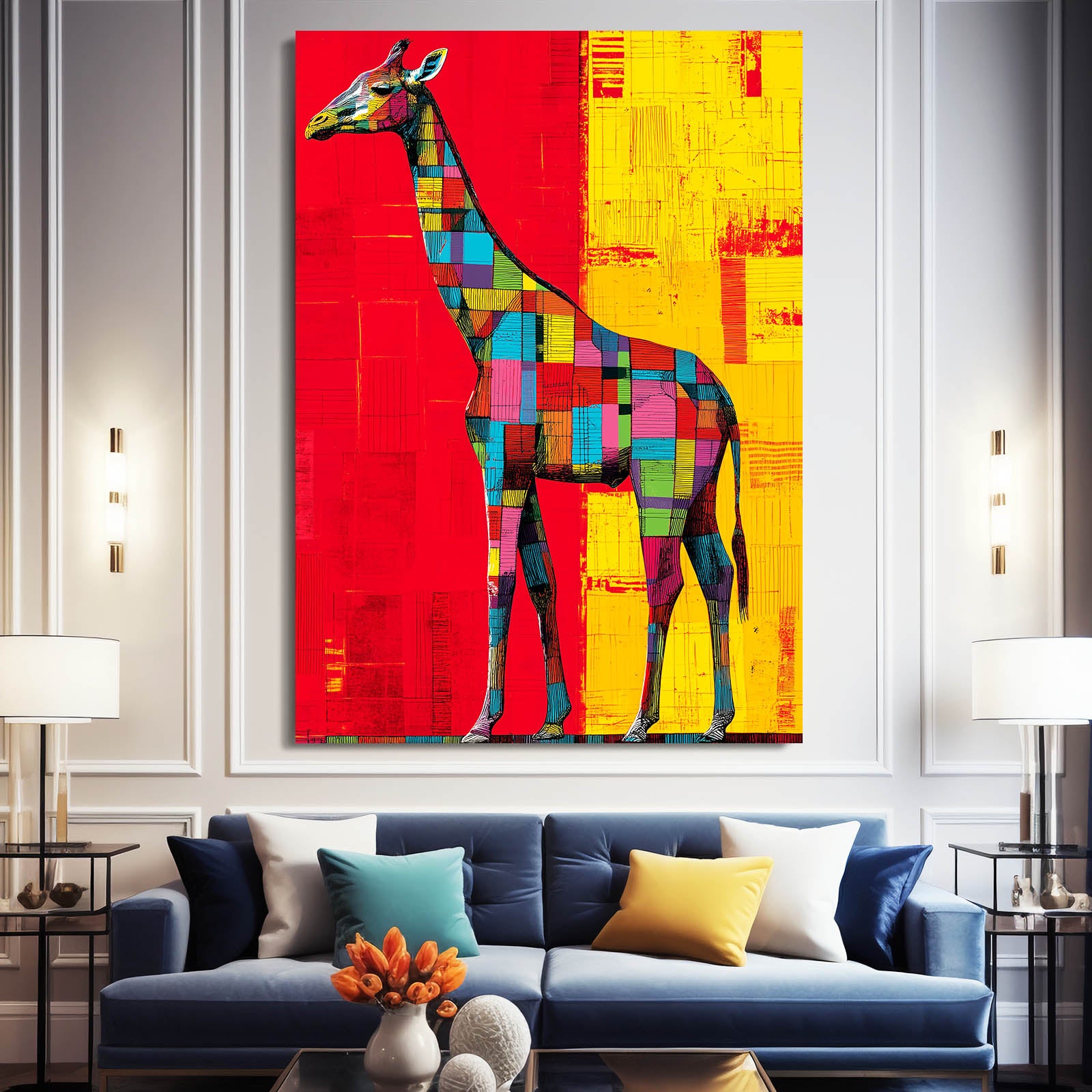 Colorful abstract giraffe painting on a wall above a blue sofa in a living room.