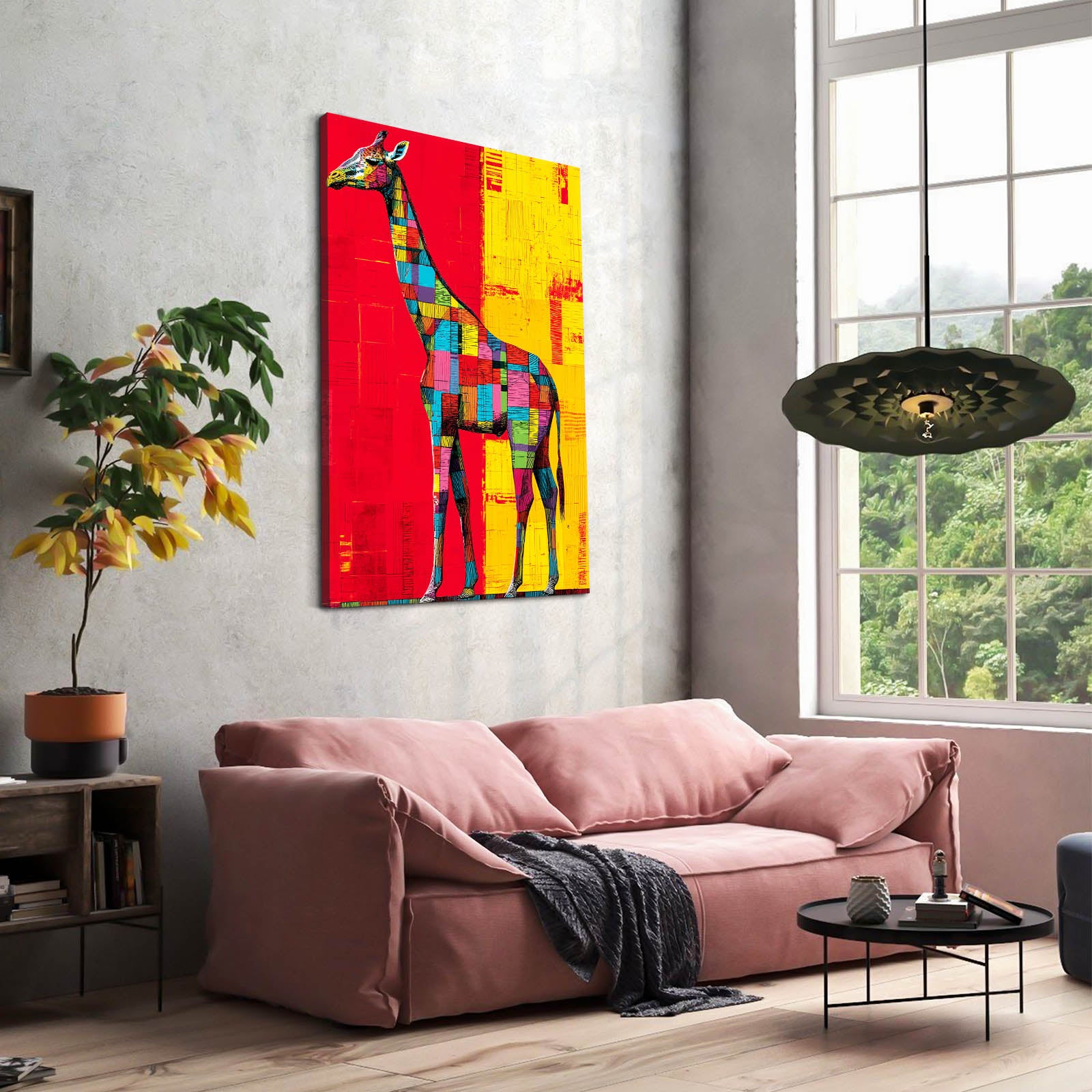 Living room with a pink sofa, colorful giraffe painting, and a window view.