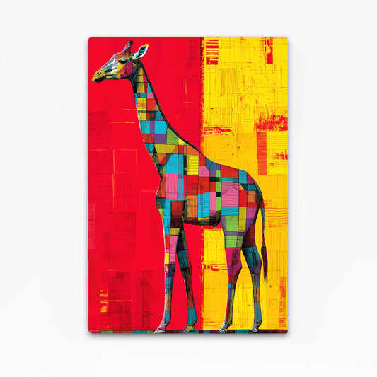 Colorful abstract painting of a giraffe on a red and yellow background