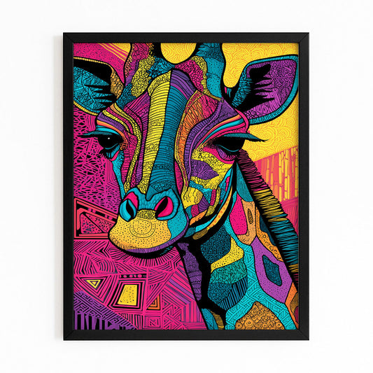 Colorful abstract art of a rhinoceros in a black frame on a white background