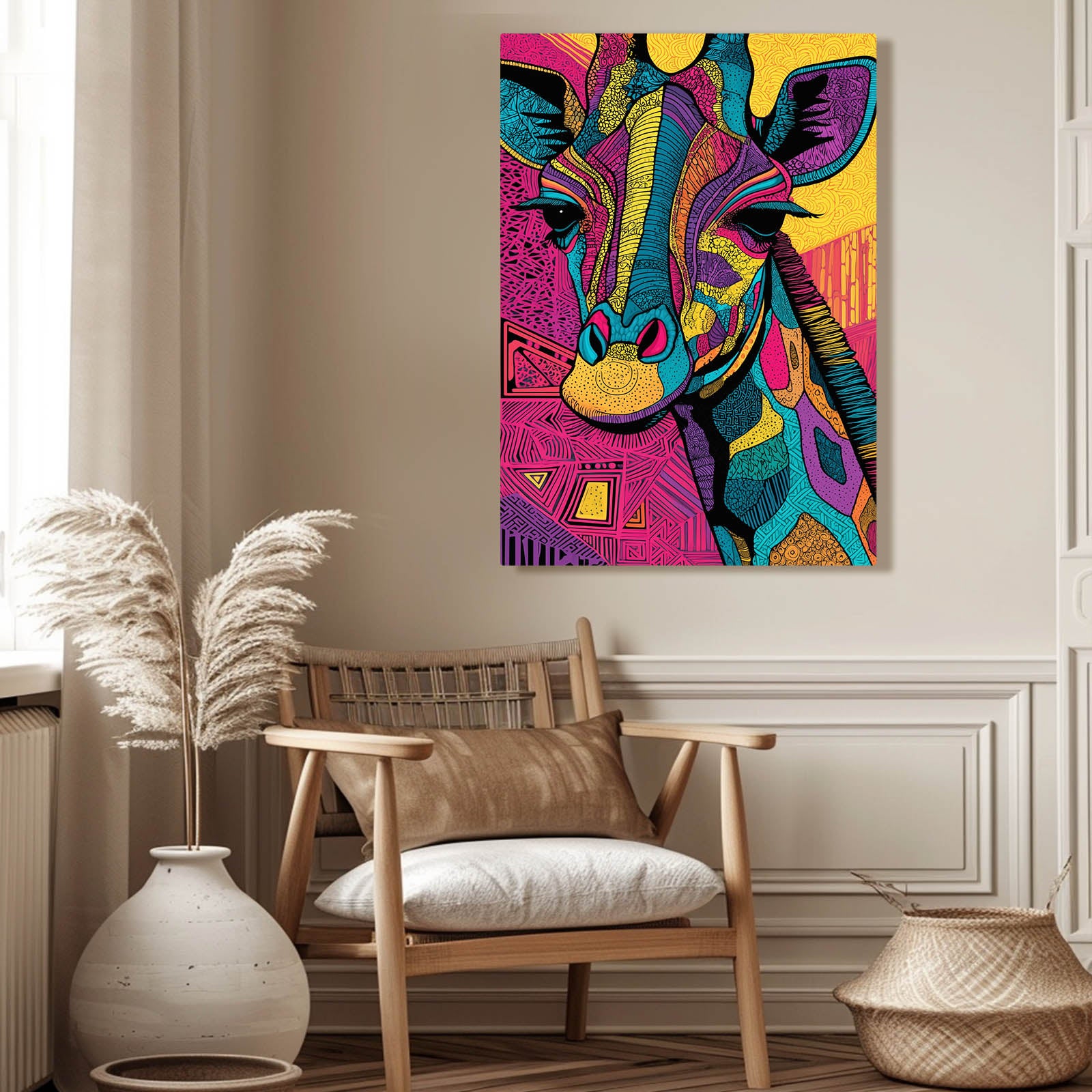 Colorful abstract giraffe painting on a wall above a wooden chair with decorative elements.