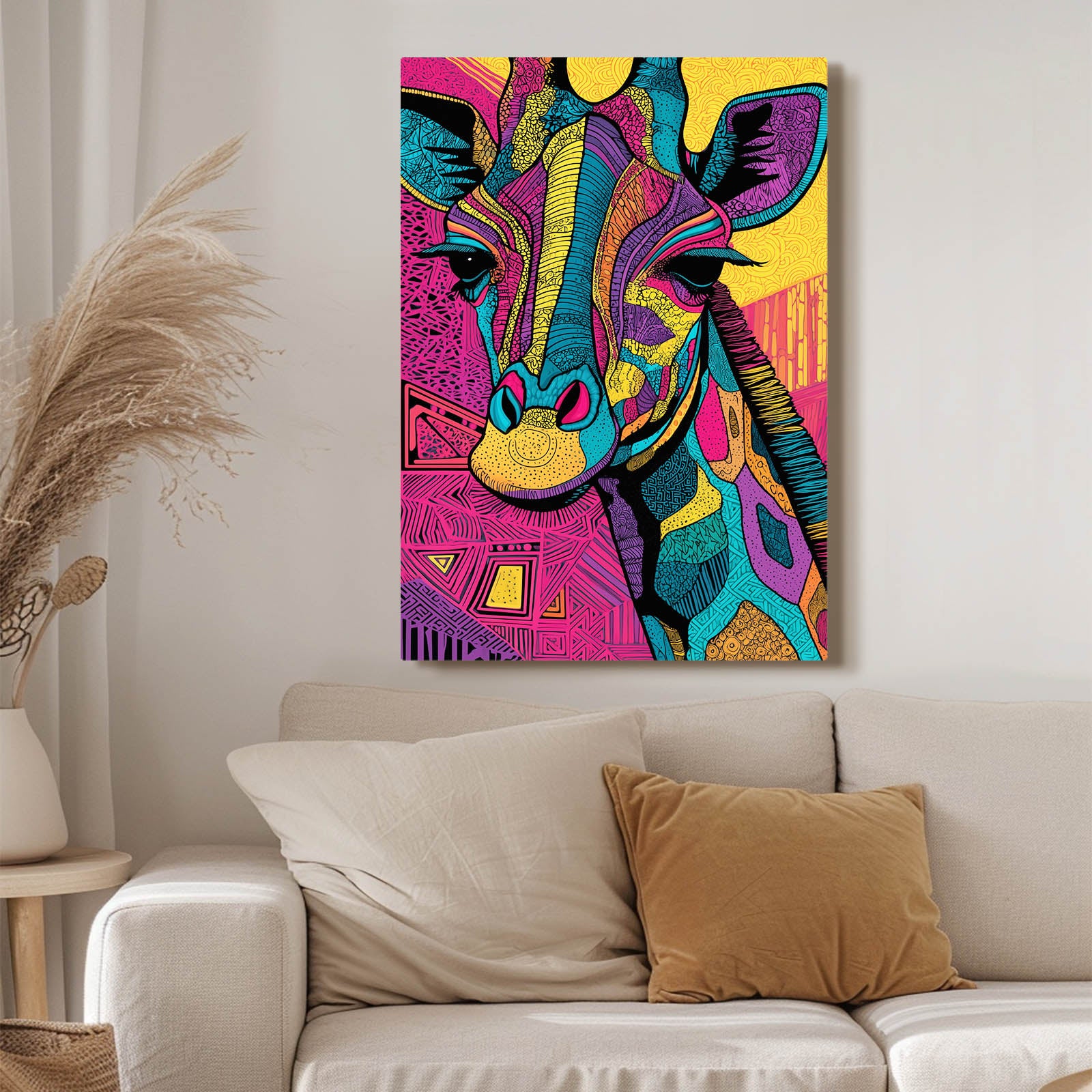 Colorful abstract giraffe painting on a wall above a sofa.