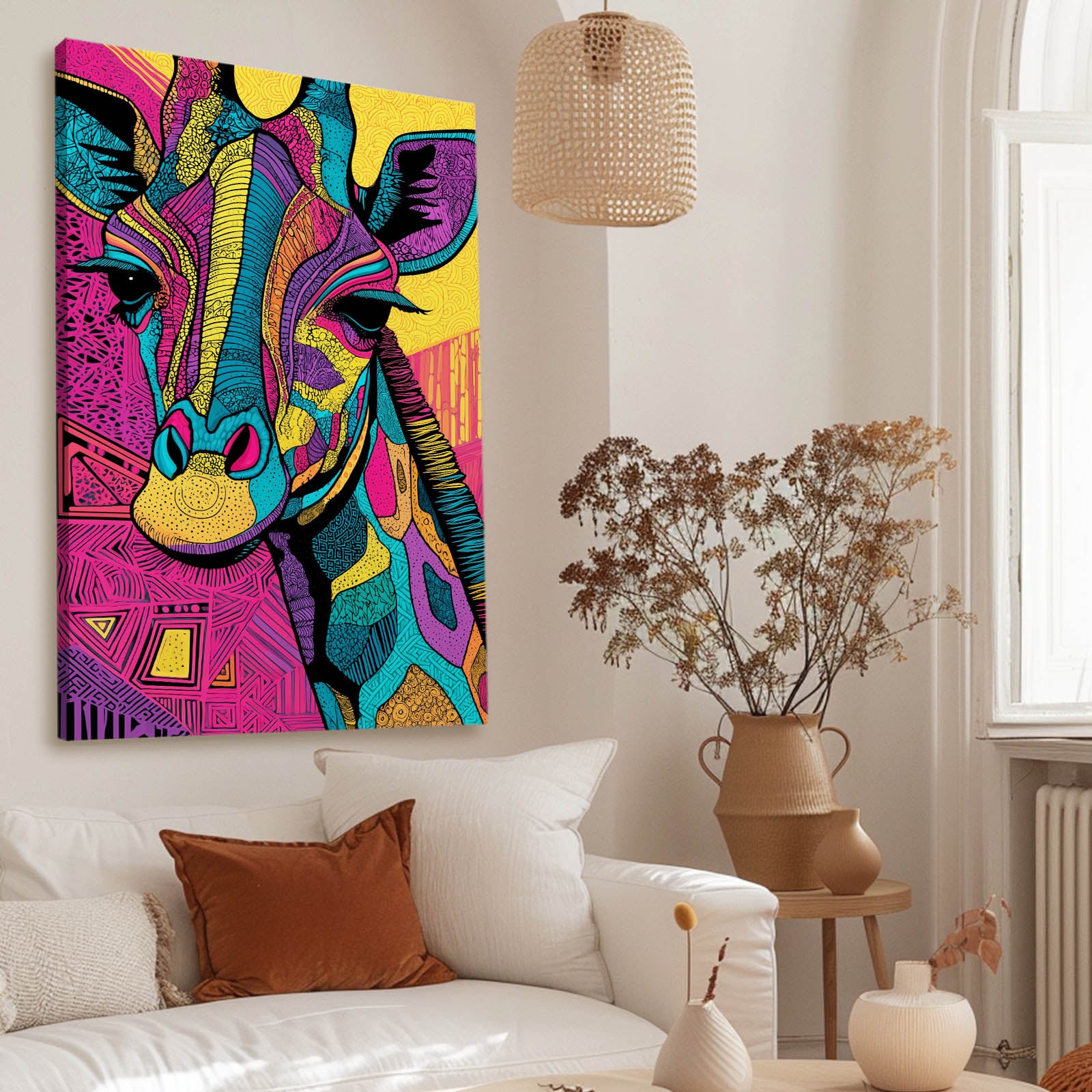 Colorful abstract zebra painting on a wall above a white sofa with brown and white cushions.