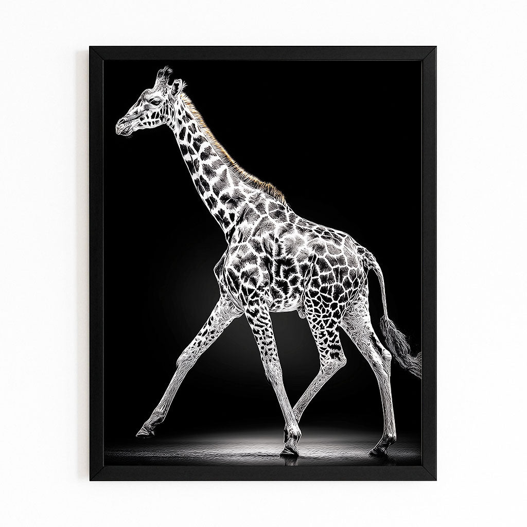 Framed artwork of a giraffe with a black background