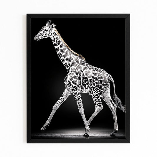 Framed artwork of a giraffe with a black background