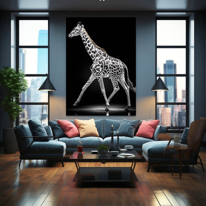 Modern living room with a large giraffe painting on the wall.