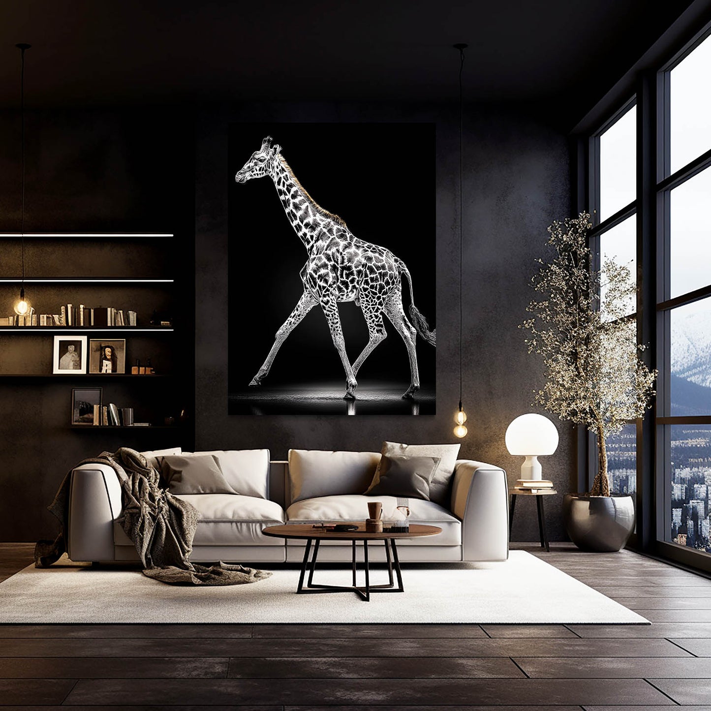 Modern living room with a giraffe artwork on the wall