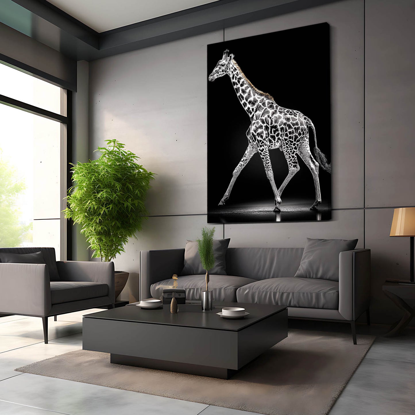 Modern living room with a large giraffe painting on the wall