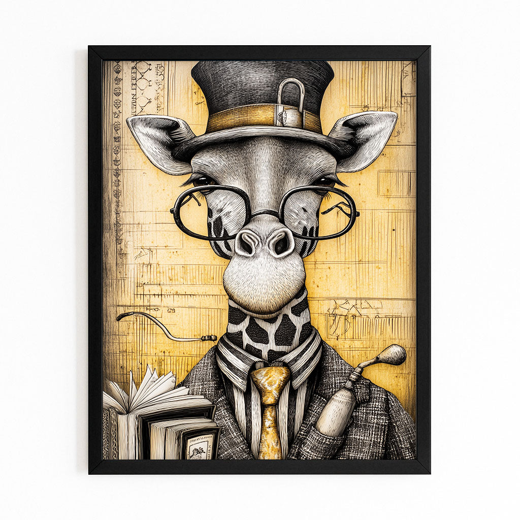 Framed artwork of a giraffe wearing a top hat, glasses, and a suit on a yellow architectural background.