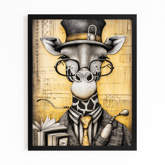 Framed artwork of a giraffe wearing a top hat, glasses, and a suit on a yellow architectural background.