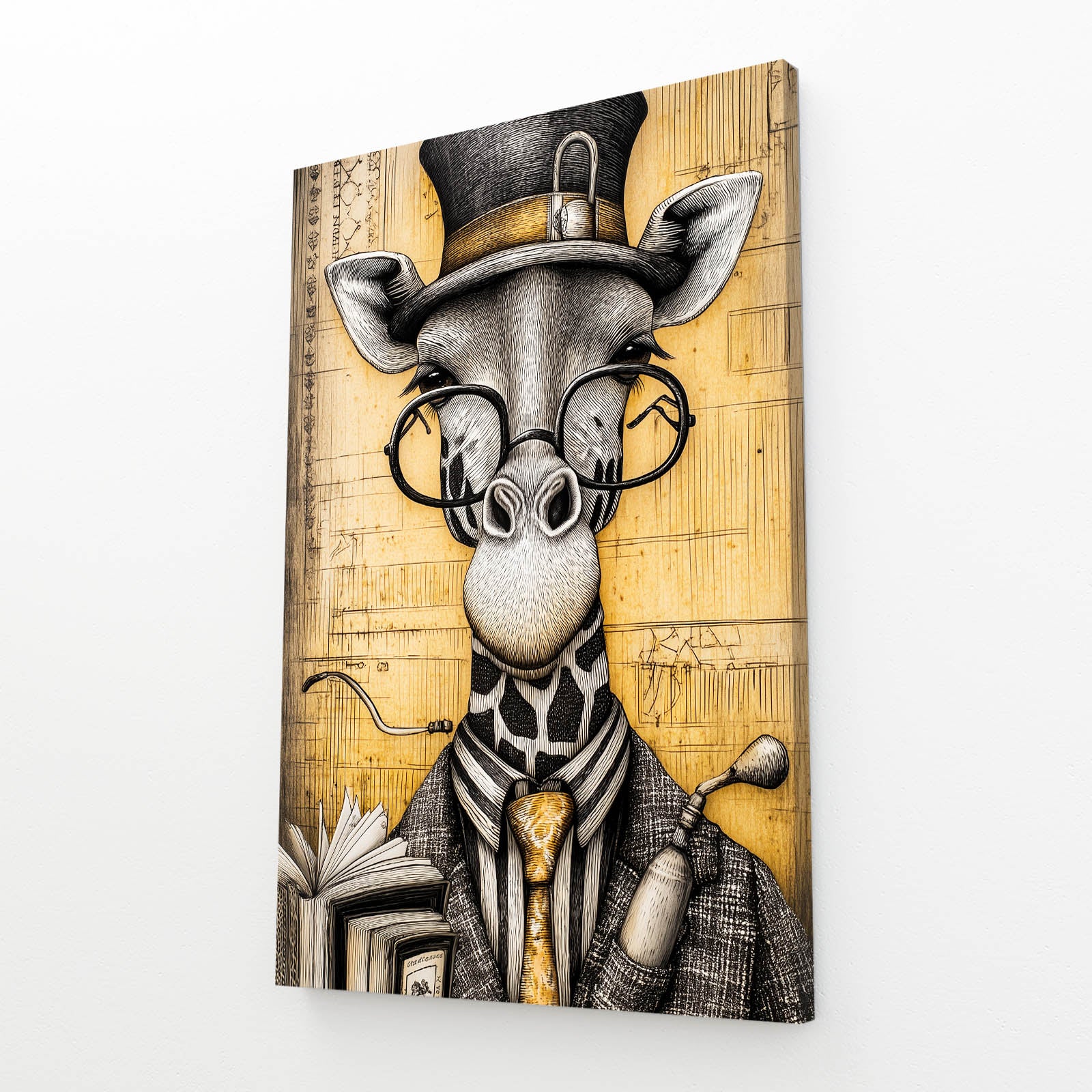 Canvas print of a giraffe wearing glasses, a top hat, and a suit on a wooden texture background.