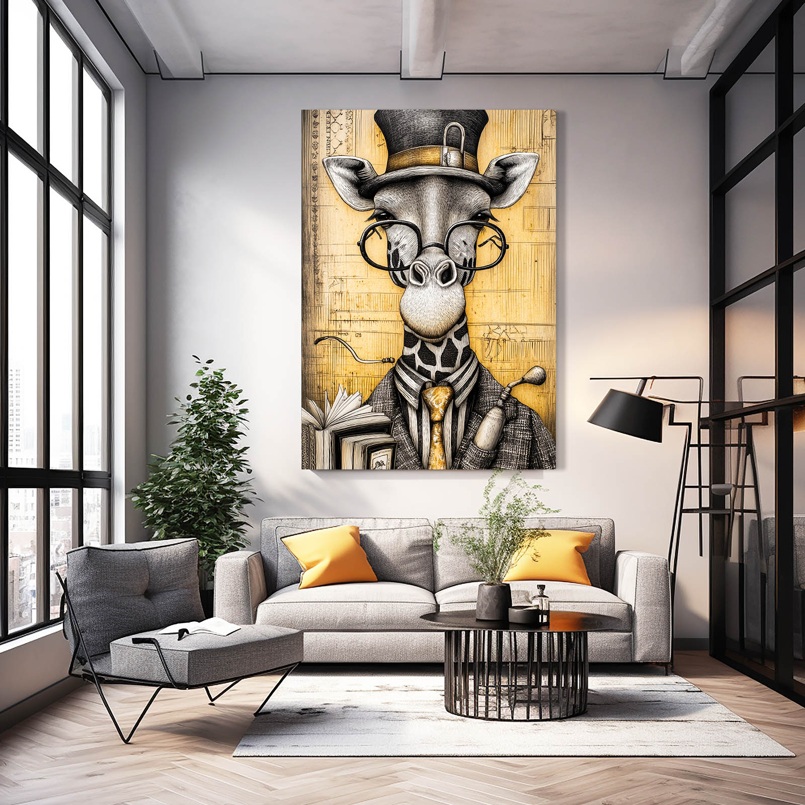 Living room with a stylish giraffe painting on the wall