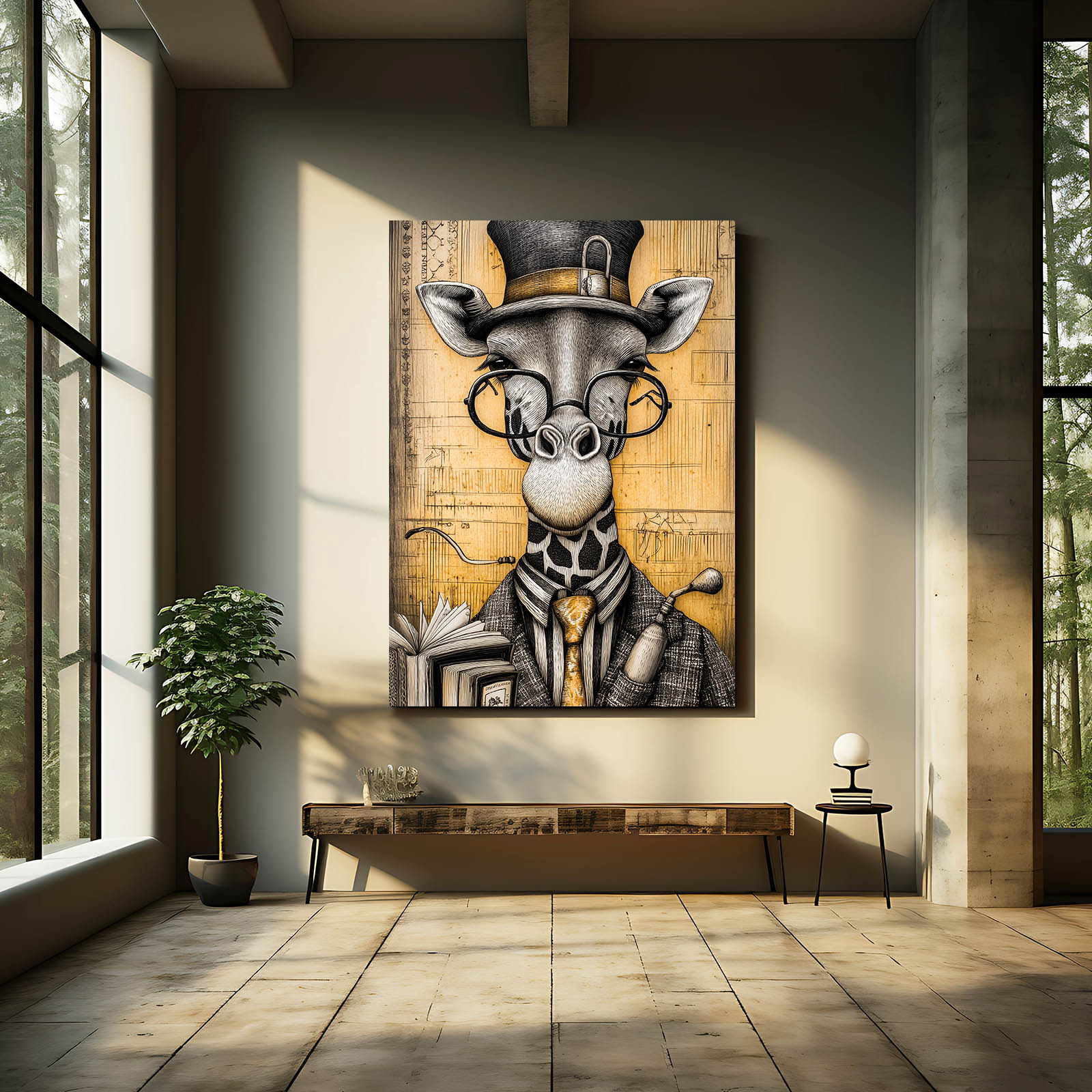Giraffe wearing a suit and top hat in a modern room with large windows.