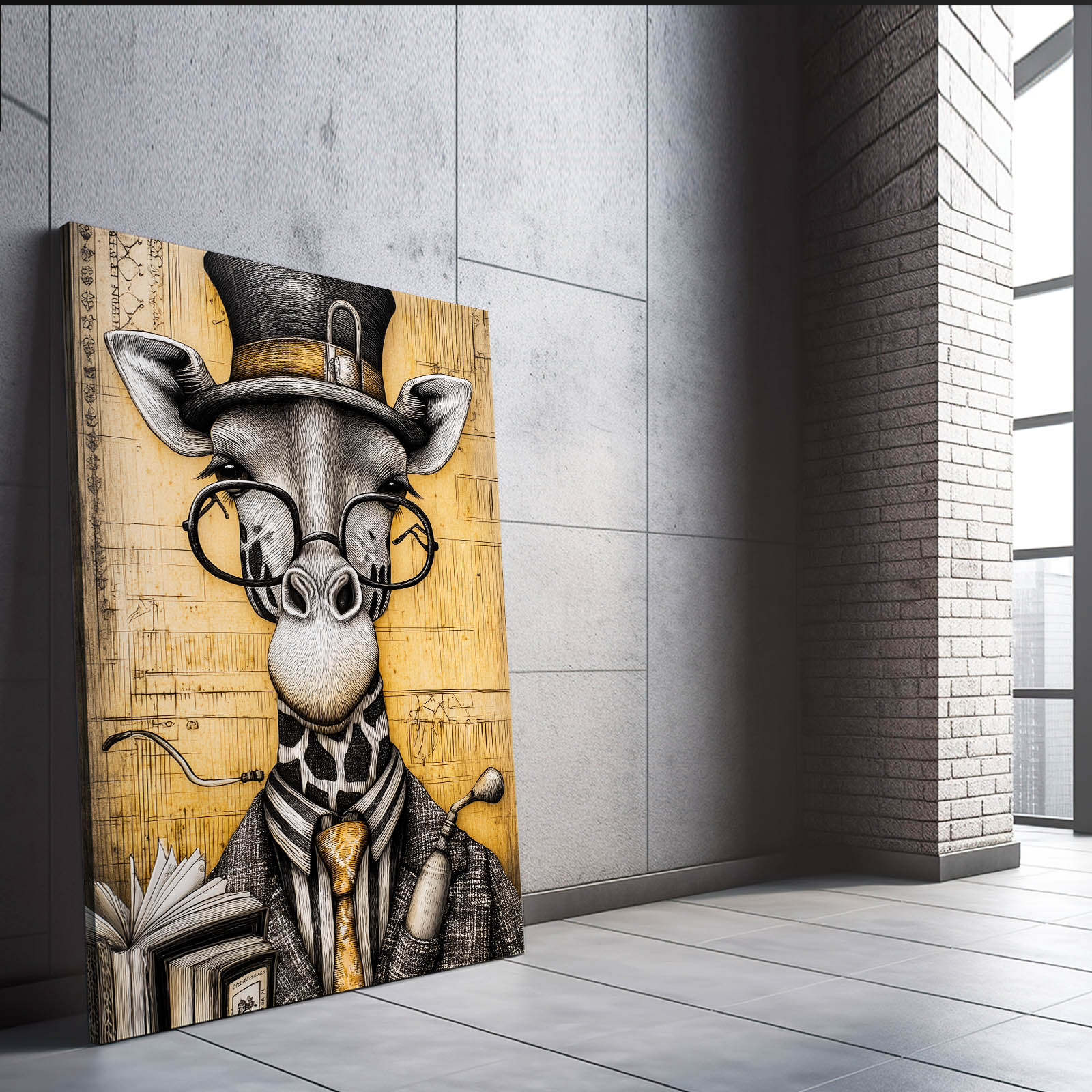 Canvas print of a stylized animal wearing a top hat and glasses in an urban setting.