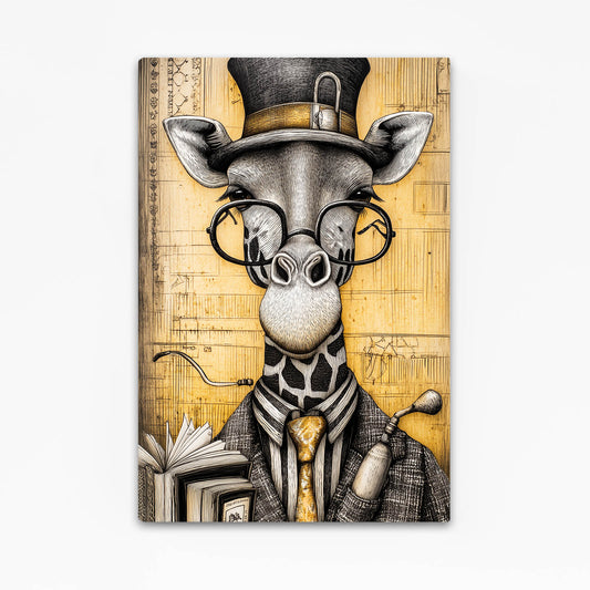 Canvas print of a giraffe wearing glasses, a top hat, and a suit on a yellow architectural background.