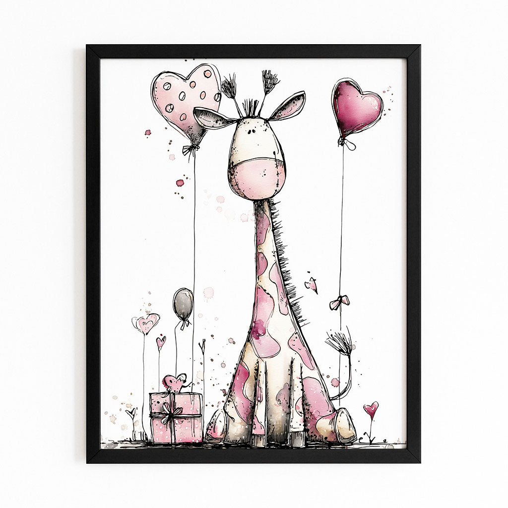 Illustration of a giraffe with heart balloons and a gift box on a white background