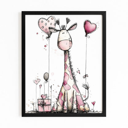 Illustration of a giraffe with heart balloons and a gift box on a white background
