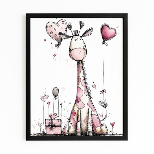 Illustration of a giraffe with heart balloons and a gift box on a white background