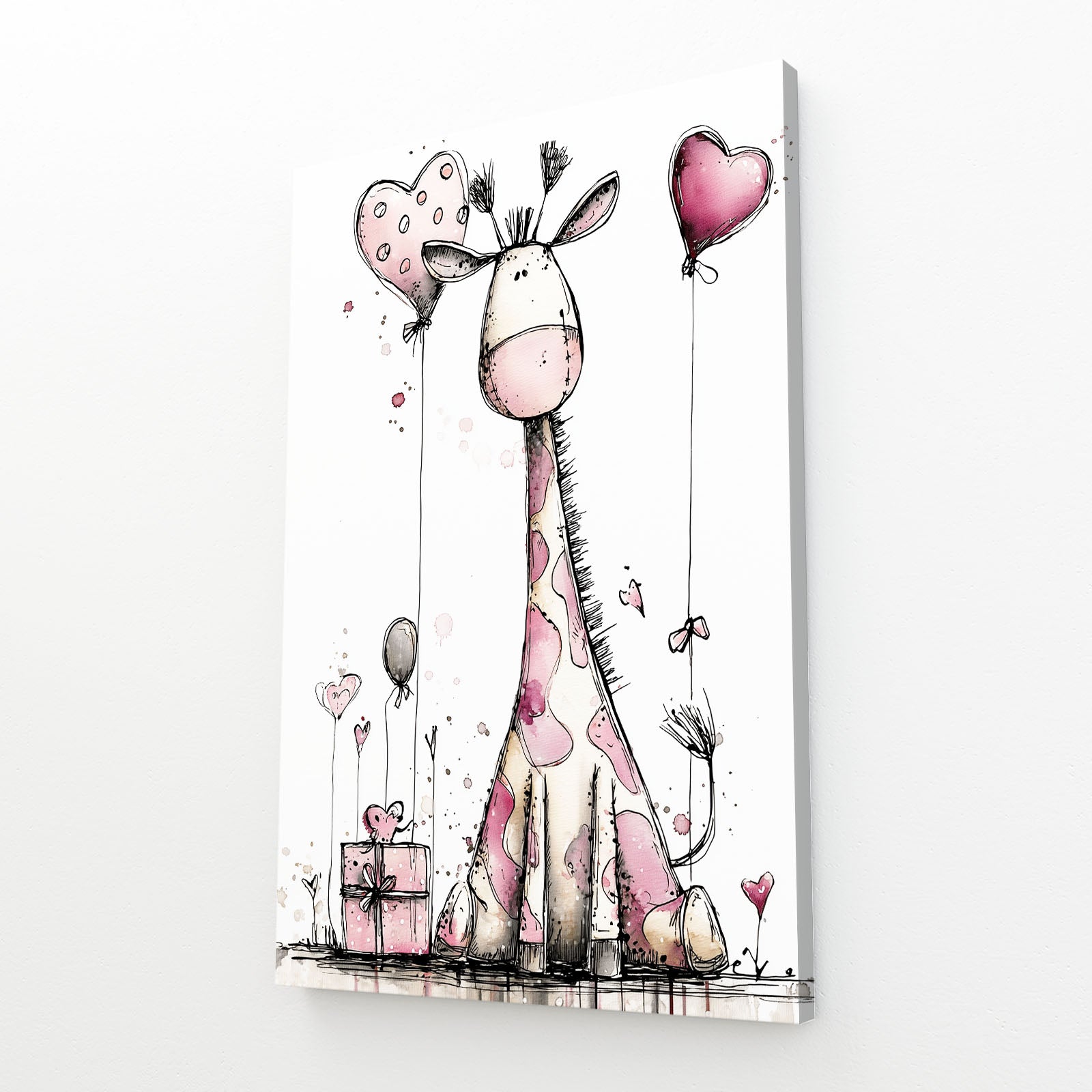 Illustration of a pink giraffe with heart balloons on a white background
