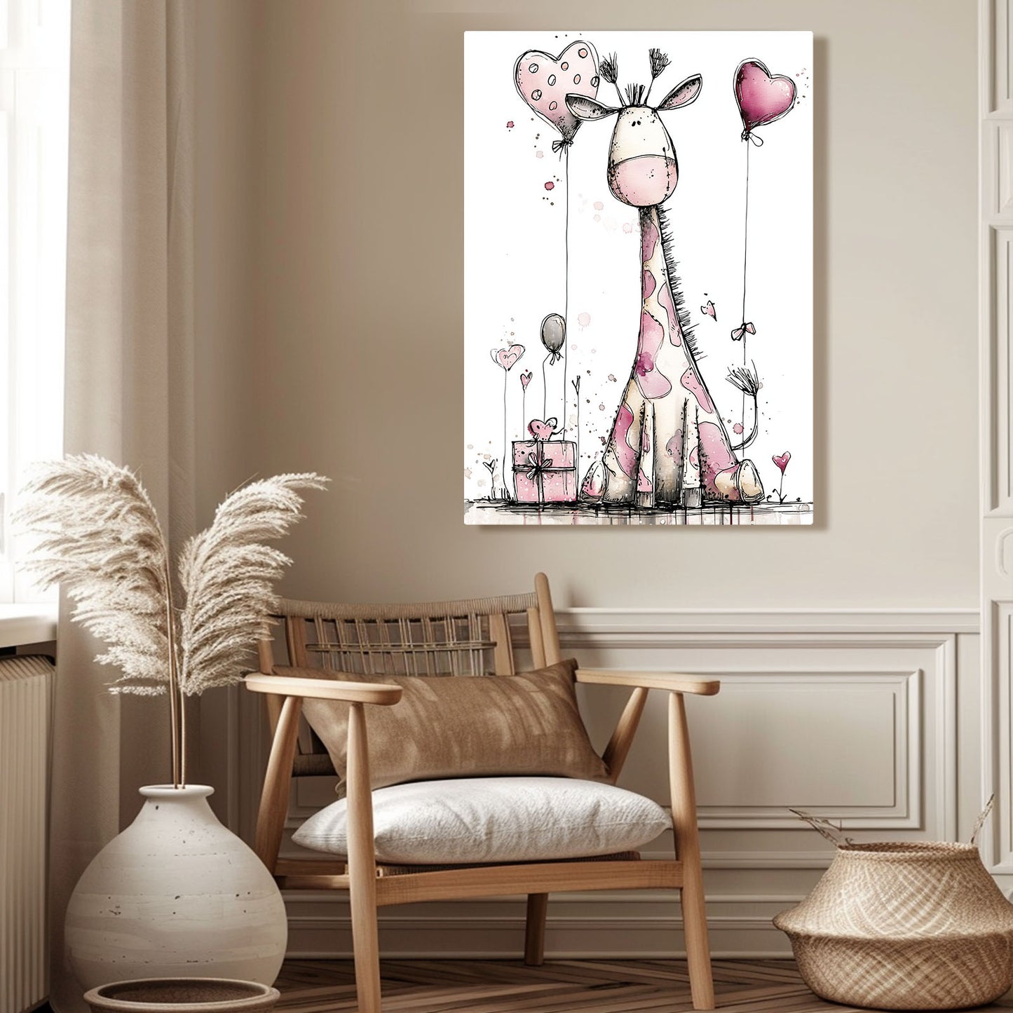 Decorative painting of a giraffe with heart balloons on a wall above a wooden chair.