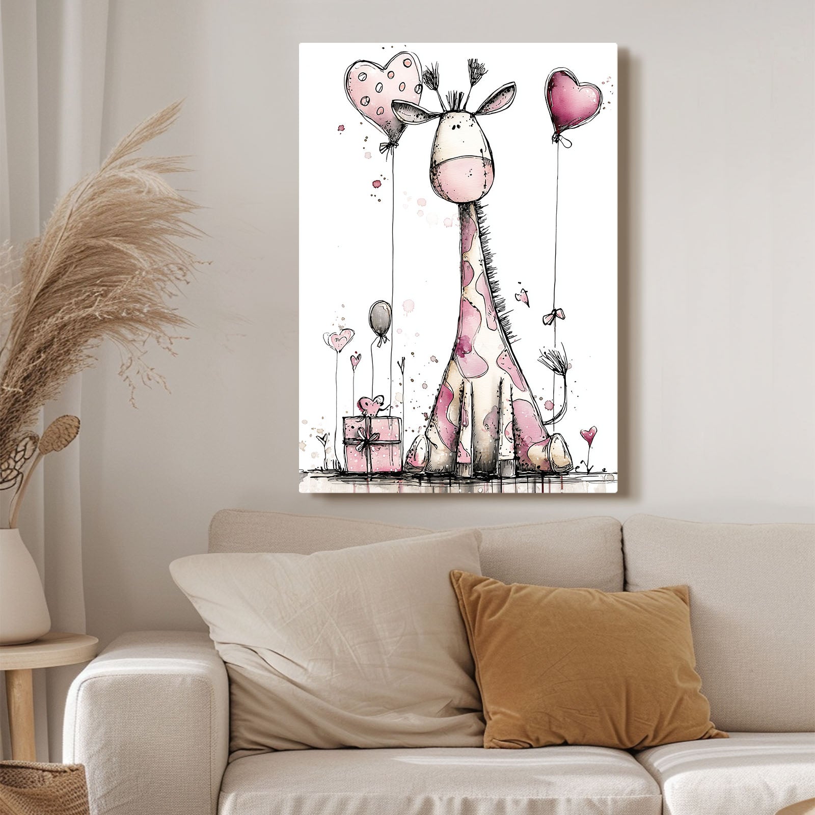 Canvas print of a cartoon giraffe with heart balloons on a wall above a sofa.