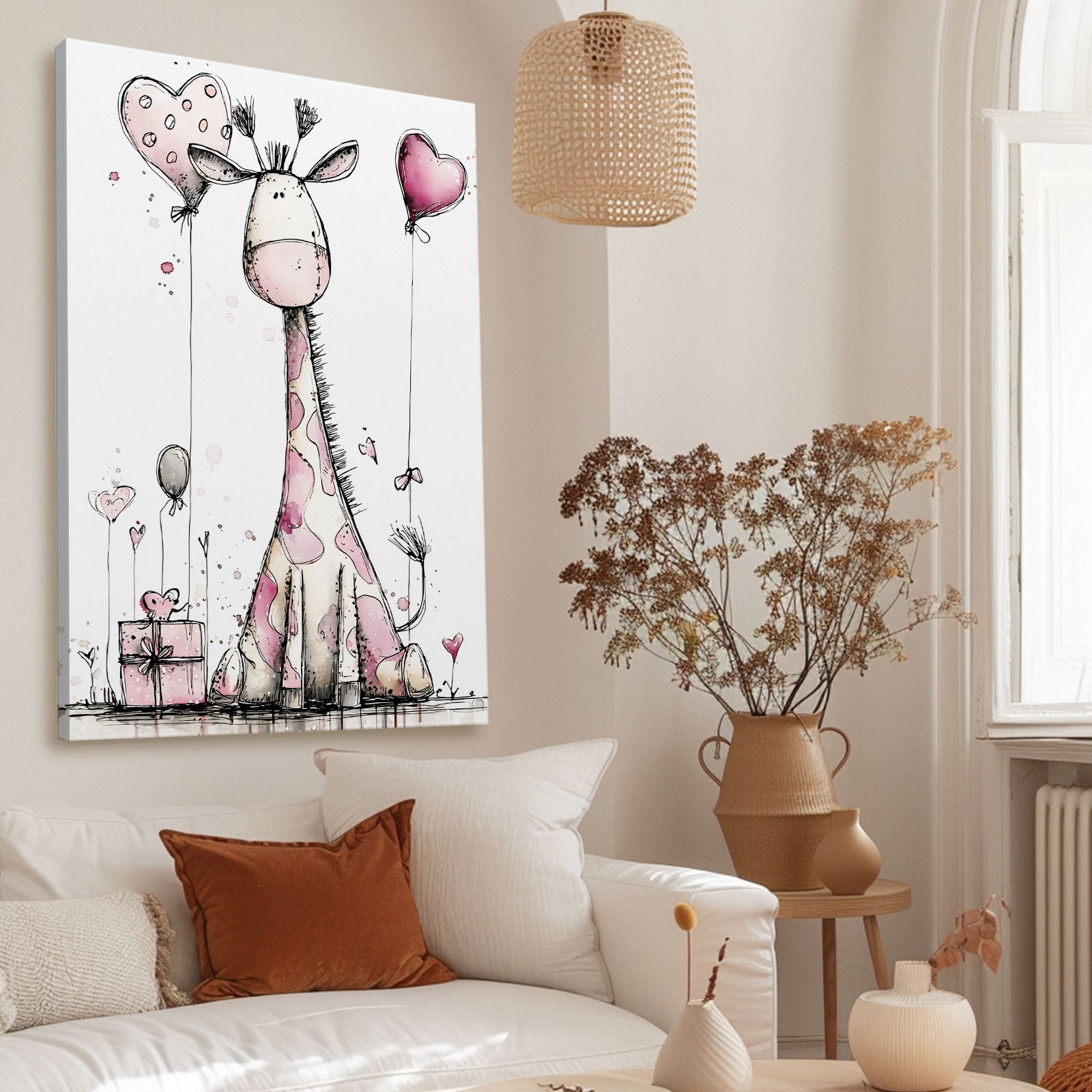 Living room with a pink giraffe painting on the wall, white sofa with brown and white cushions, and decorative elements.