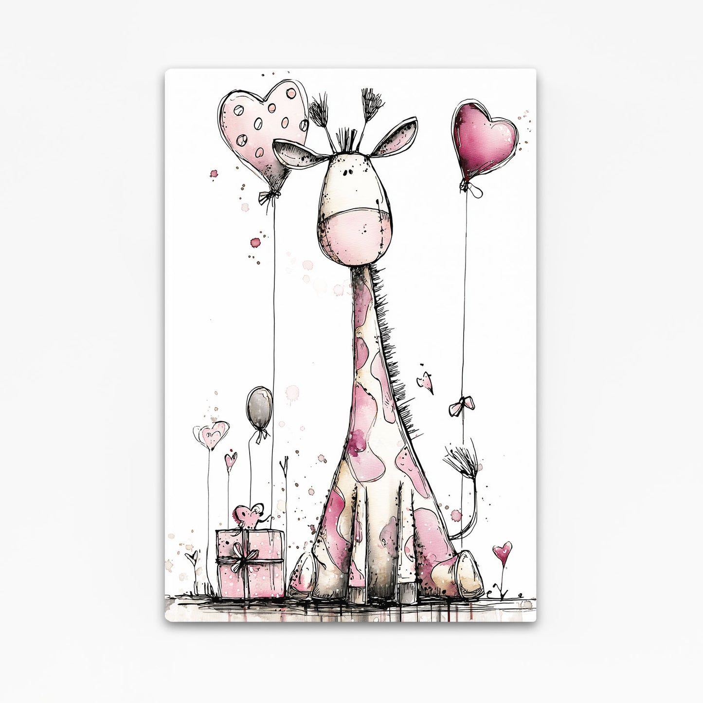 Illustration of a giraffe holding heart-shaped balloons with a gift box on a white background