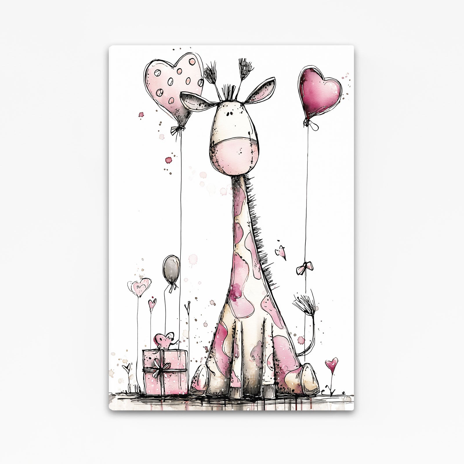 Illustration of a giraffe holding heart-shaped balloons with a gift box on a white background