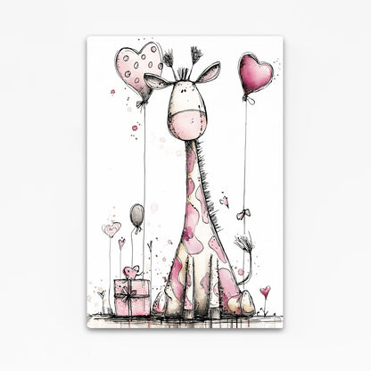 Illustration of a giraffe holding heart-shaped balloons with a gift box on a white background
