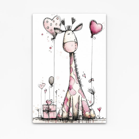 Illustration of a giraffe holding heart-shaped balloons with a gift box on a white background