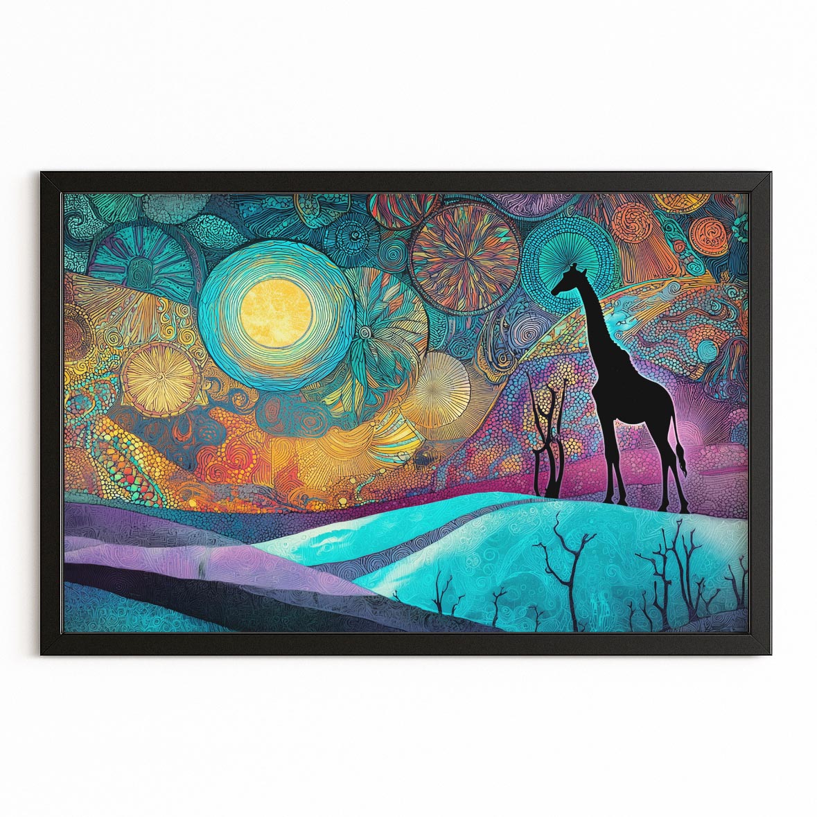 Colorful abstract artwork with giraffes and celestial elements on a white background