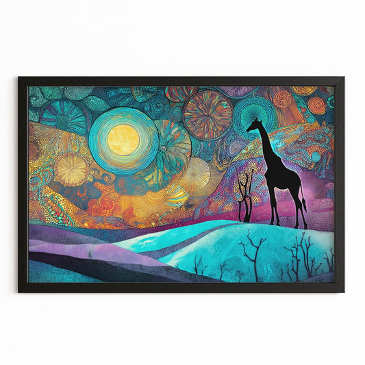 Colorful abstract artwork with giraffes and celestial elements on a white background