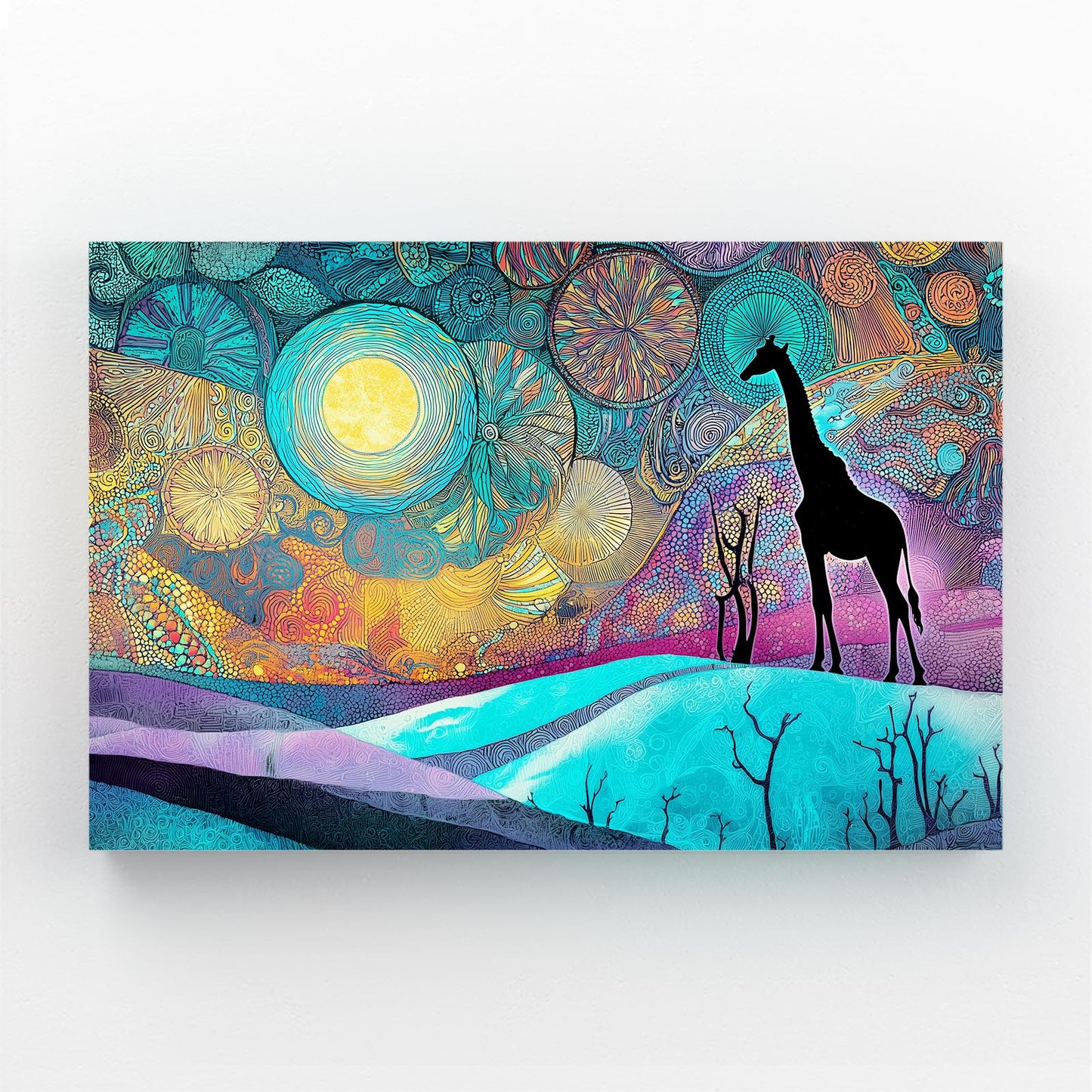 Colorful abstract painting with giraffes and celestial elements on a white background