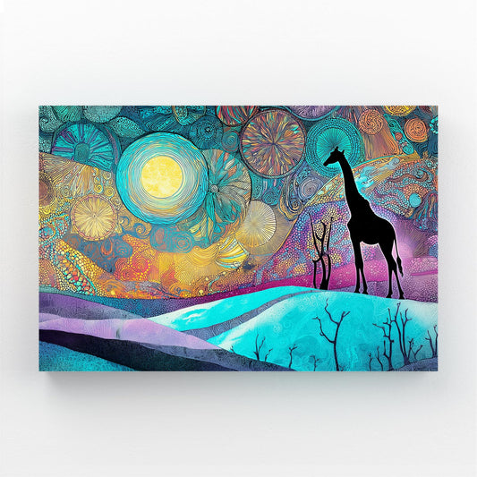 Colorful abstract painting with giraffes and celestial elements on a white background